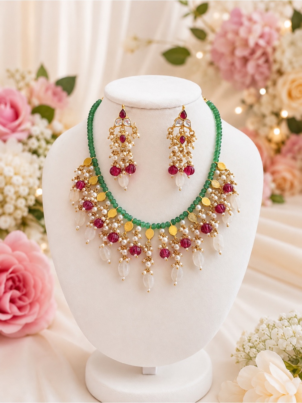 Emerald and Pink Beaded Necklace Set with Gold Accents